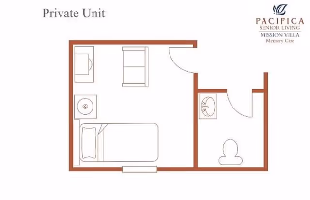 Floor plan layout of a private unit at Mission Villa Senior Living showing a bedroom area with a bed, nightstand, chair, and dresser, along with an attached bathroom containing a sink and toilet.