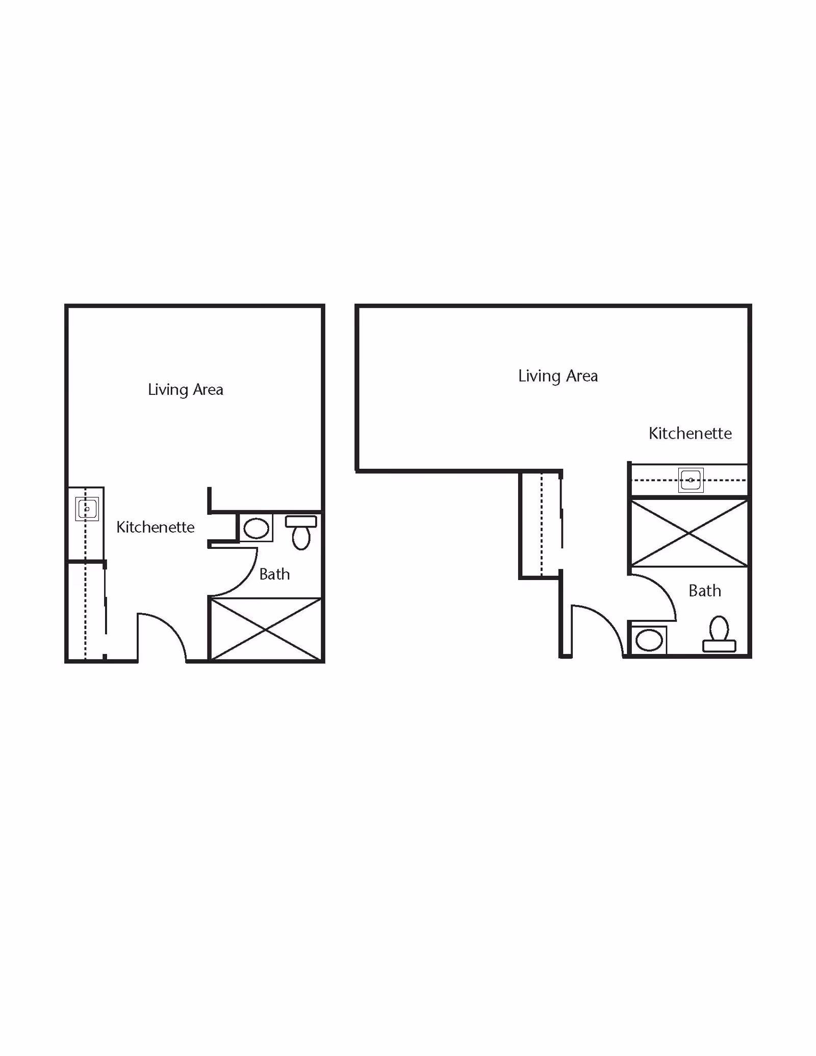 Two black and white architectural floor plans showing layouts with labeled areas including Living Area, Kitchenette, and Bath.