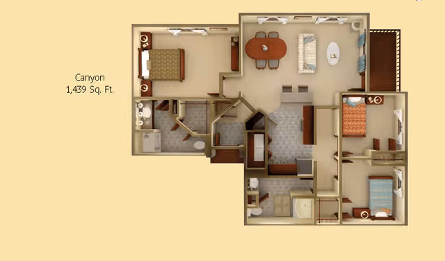 Floor plan of a senior living apartment named Canyon with 1,439 square feet, showing two bedrooms, two bathrooms, a kitchen, dining area, living room, and closets.