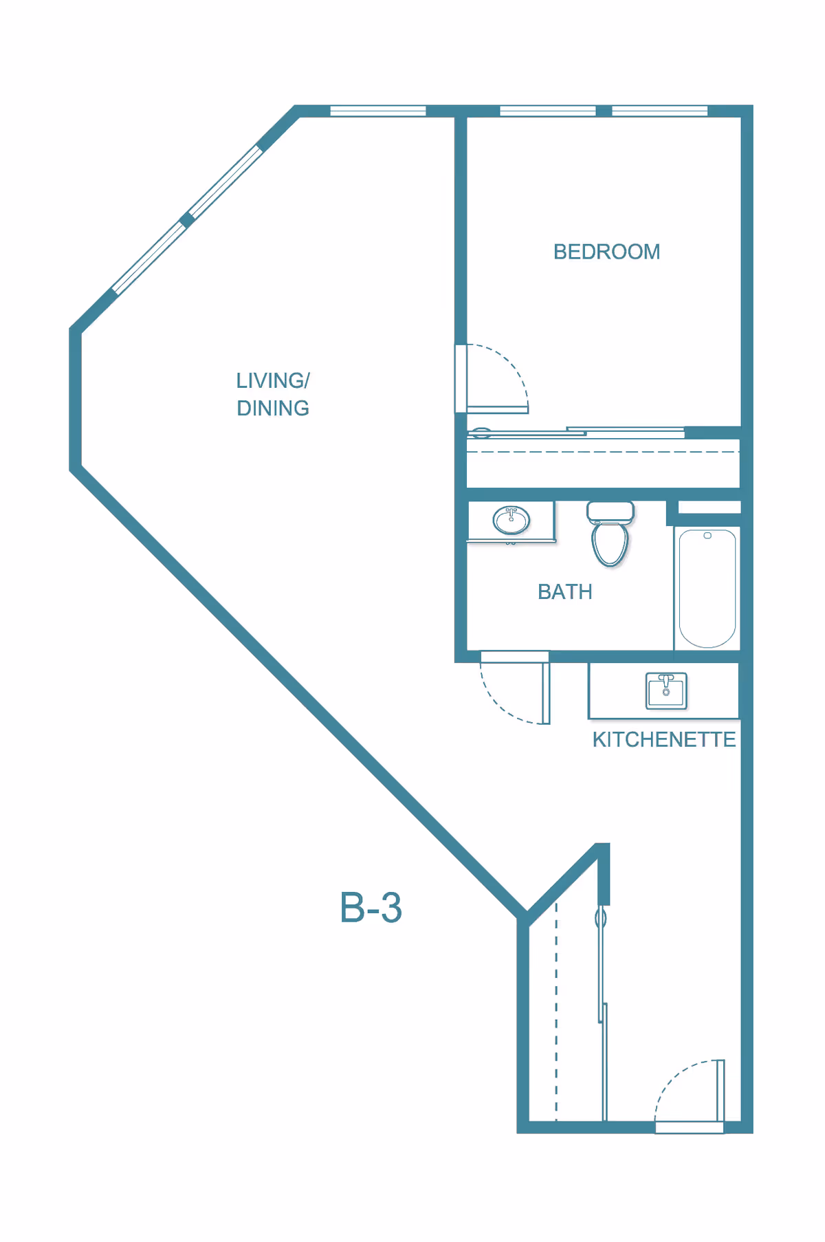 Architectural floor plan of a unit labeled B-3 at Truewood by Merrill, Modesto, showing a living/dining area, bedroom, bath with sink, toilet, and bathtub, and a kitchenette.