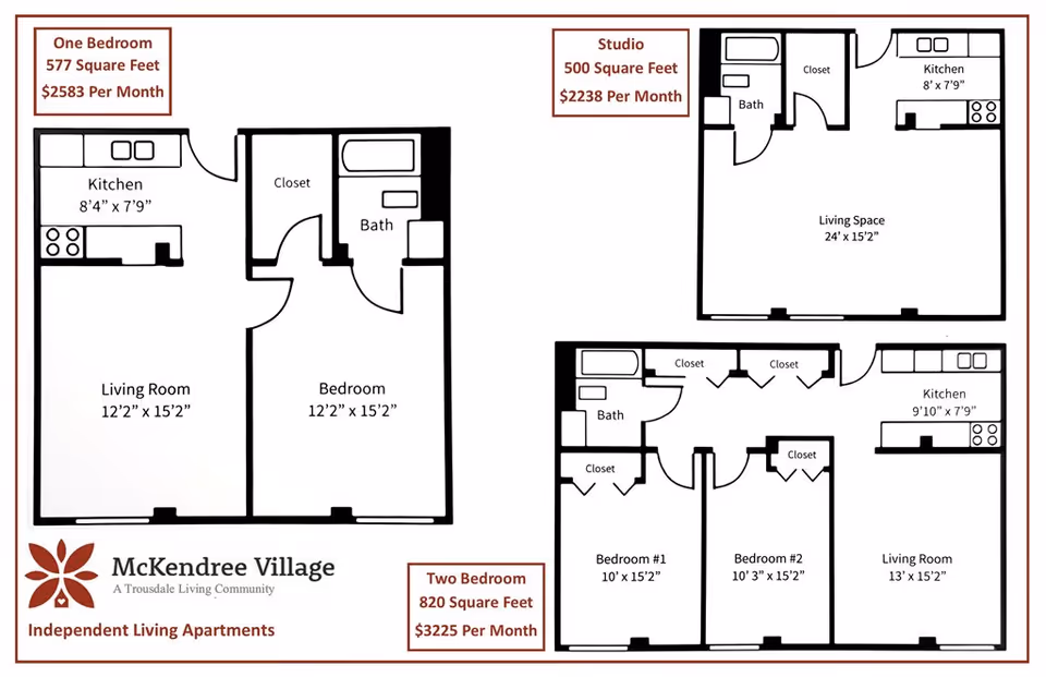 Floor plans for three types of independent living apartments at McKendree Village: One Bedroom (577 sq ft), Studio (500 sq ft), and Two Bedroom (820 sq ft). Each plan shows room dimensions and layout including kitchen, living room, bedrooms, closets, and bathrooms with monthly rent prices.