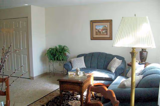 A cozy living room with two blue upholstered sofas arranged around a wooden coffee table. A floor lamp with a white pleated shade stands in the foreground. There is a framed painting on the wall above one sofa, a green potted plant on a metal stand in the corner, and a patterned rug on the carpeted floor.