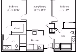Floor plan layout of an apartment with two bedrooms, two bathrooms, a kitchen, and a combined living and dining area. The dimensions of each room are labeled, showing the arrangement of doors, closets, and fixtures.