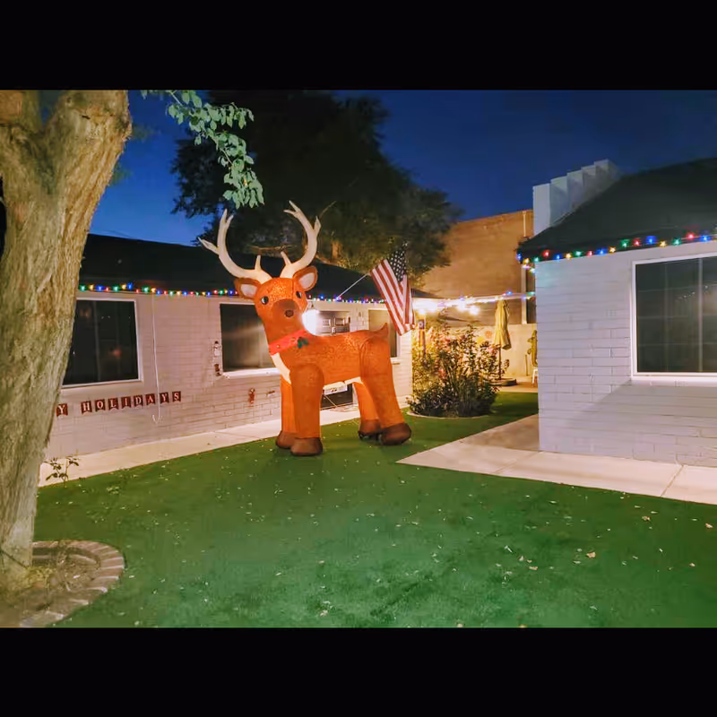 Outdoor courtyard at night decorated with colorful string lights along the roof edges of white brick buildings. A large inflatable reindeer with antlers and a red collar stands on green artificial grass. An American flag is displayed near the reindeer. A tree trunk is visible on the left side of the image.