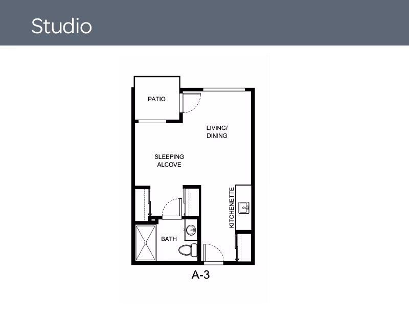 Floor plan of a studio apartment at Holiday Orchid Terrace showing a patio, living/dining area, sleeping alcove, kitchenette, and bathroom.