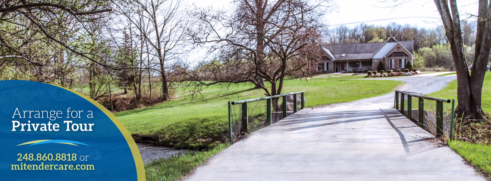 A concrete driveway and small bridge leading to a single-story building set in a grassy, tree-lined yard, with a blue promotional overlay on the left advertising a private tour.