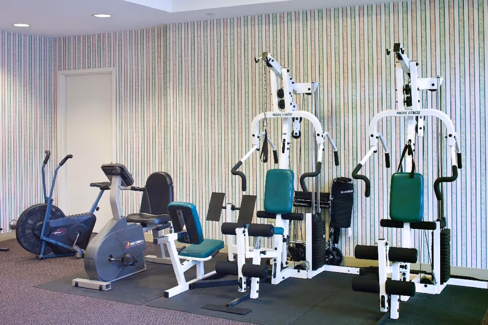 Indoor fitness room with exercise equipment including a stationary bike, elliptical machine, and two multi-function weight machines against a striped wallpapered wall.