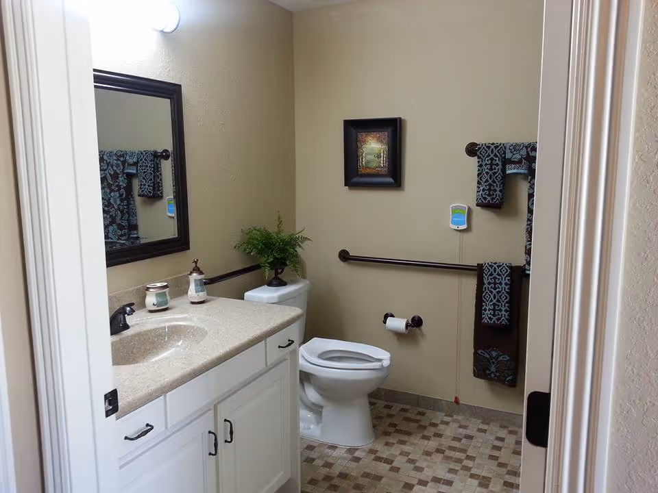A clean and well-lit bathroom with beige walls and tiled floor. The bathroom features a white toilet with a grab bar on the wall beside it, a vanity with a beige countertop and sink, a large mirror above the sink, and decorative items including a small plant on the toilet tank and two patterned towels hanging on towel racks. There is also a framed picture on the wall and a pull cord hanging near the toilet.