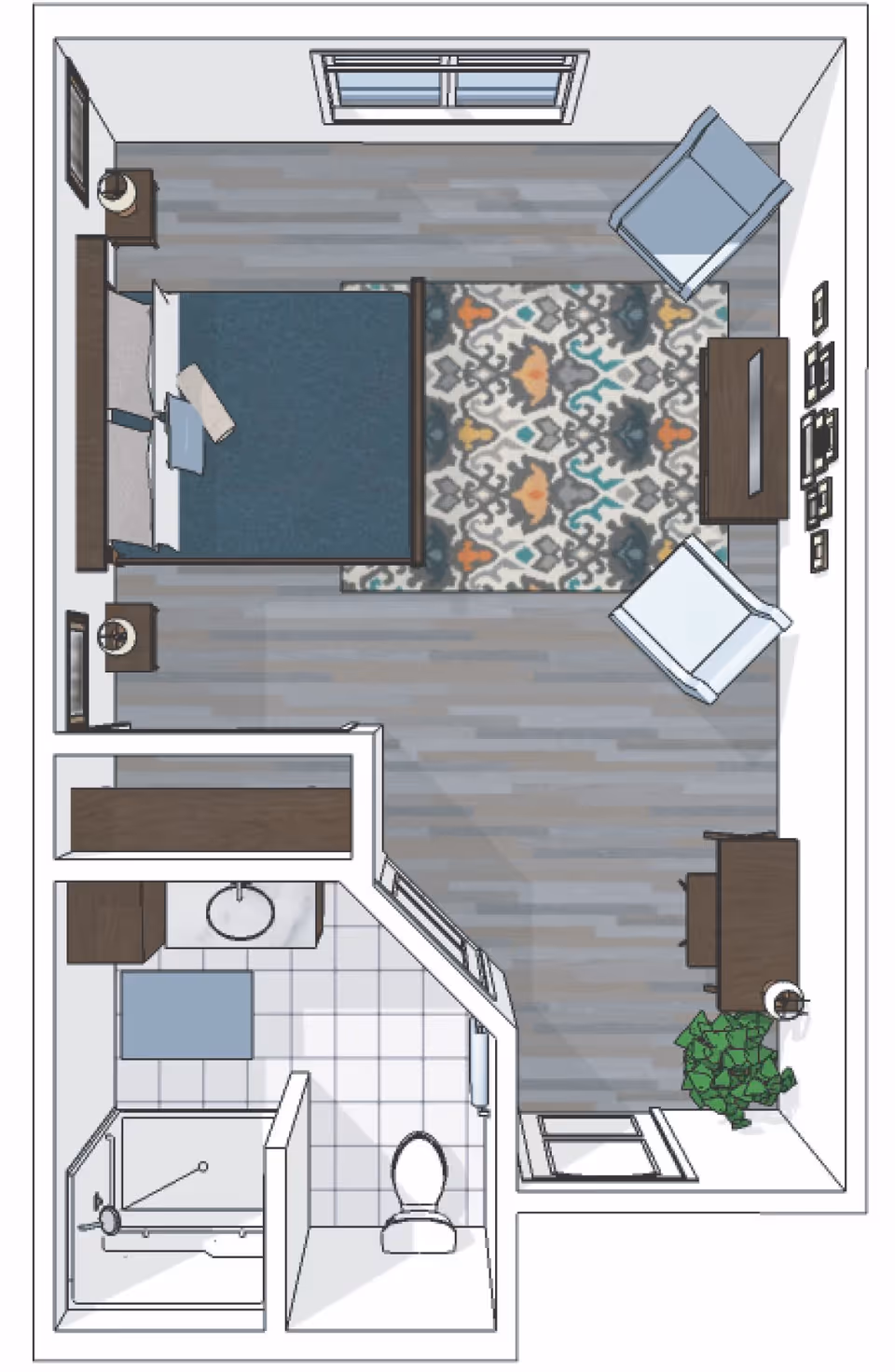 Top-down view of a senior living facility room layout featuring a bedroom area with a bed, two nightstands with lamps, a patterned rug, two armchairs, a TV on a stand, a desk with a chair, and a potted plant. Adjacent to the bedroom is a bathroom with a shower, toilet, sink, and a small cabinet.