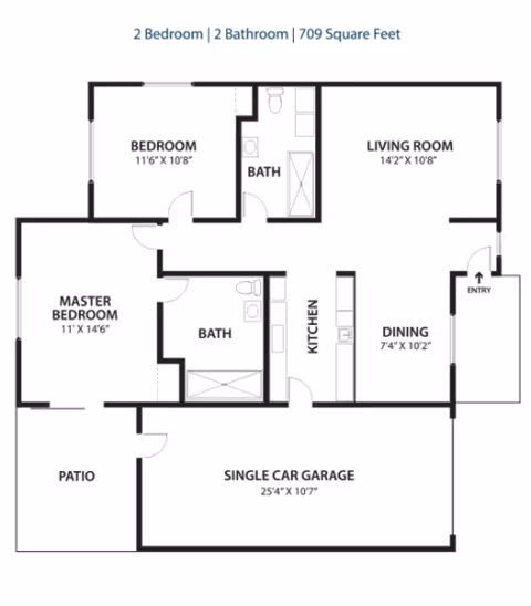 Black-and-white floor plan showing a 2-bedroom, 2-bathroom 709 sq ft apartment with labeled rooms, kitchen, dining area, patio and single-car garage.
