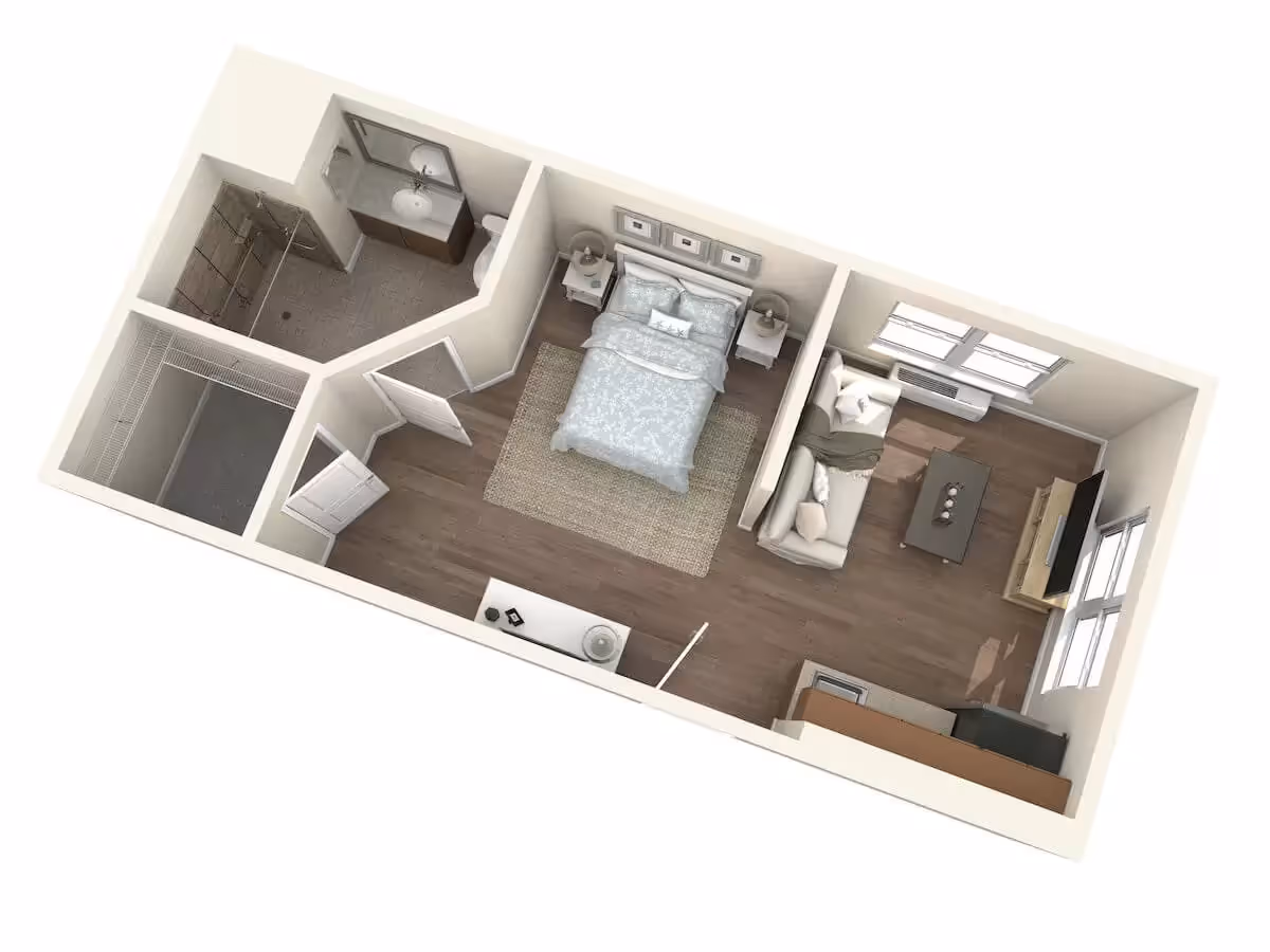 3D floor plan of a studio apartment featuring a bedroom area with a bed and nightstands, a living area with a sofa, coffee table, and TV, a bathroom with a shower, sink, and toilet, and a closet space. The layout shows wooden flooring throughout the main living and sleeping areas.