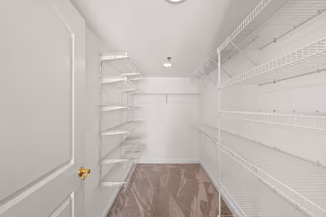 Empty walk-in closet or storage room with white wire shelving on both sides and beige carpeted floor, illuminated by a ceiling light.