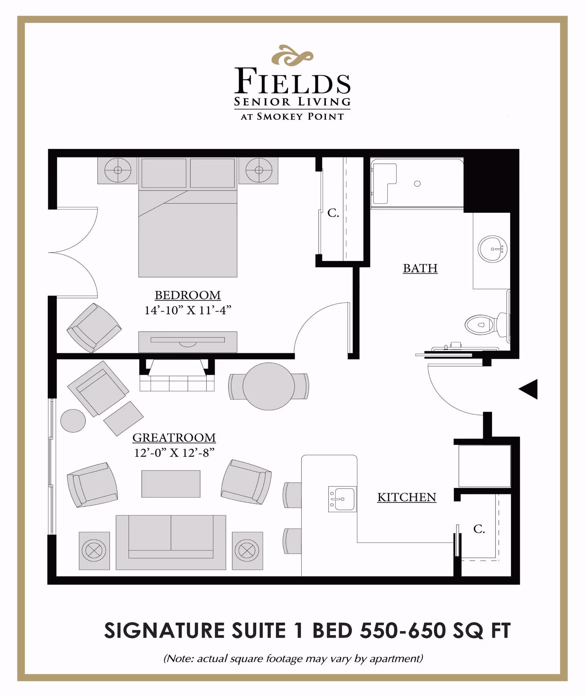 Floor plan of a Signature Suite 1 bedroom apartment at Fields Senior Living at Smokey Point, showing a bedroom, great room, kitchen, and bathroom with dimensions and furniture layout.