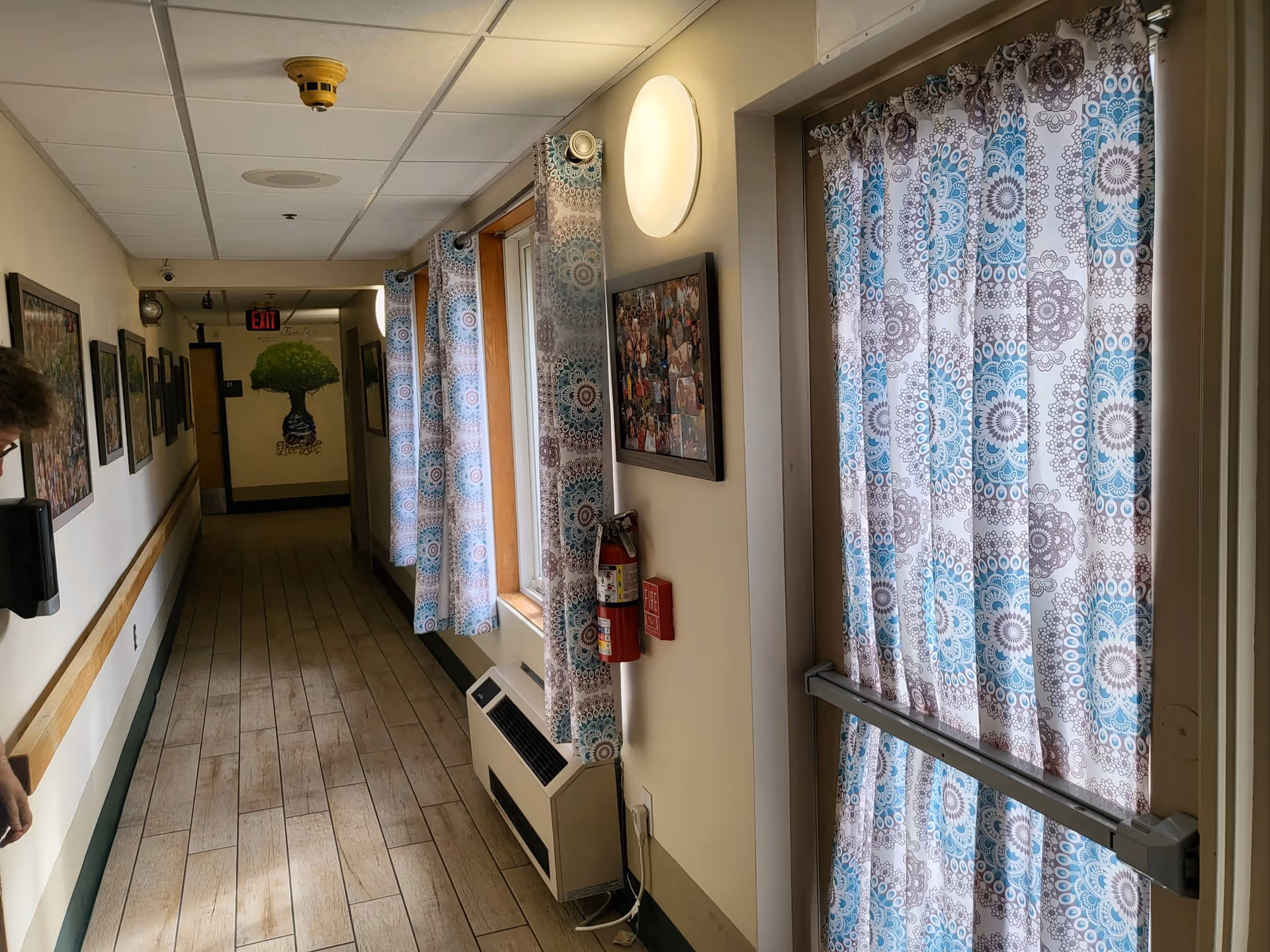 Long interior hallway with wood-look flooring, patterned curtains over windows and a door, framed pictures on the walls, and a mounted fire extinguisher.
