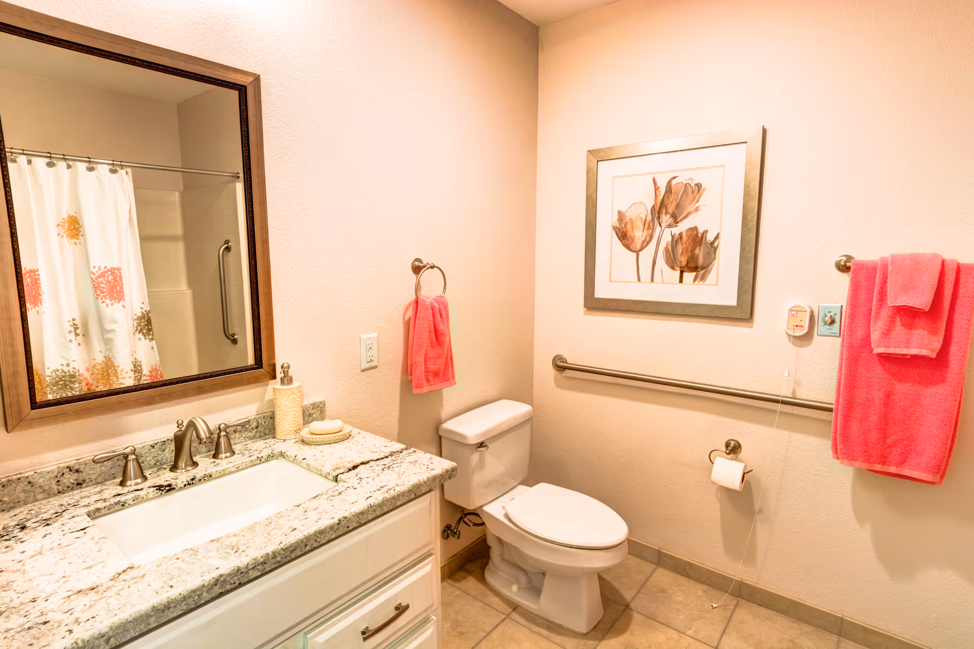 A clean and well-lit bathroom featuring a white toilet, a granite countertop with a built-in sink, and a large mirror above the sink. There are pink towels hanging on a towel ring and a towel bar, a framed floral artwork on the wall, and a shower with a white curtain decorated with colorful patterns.