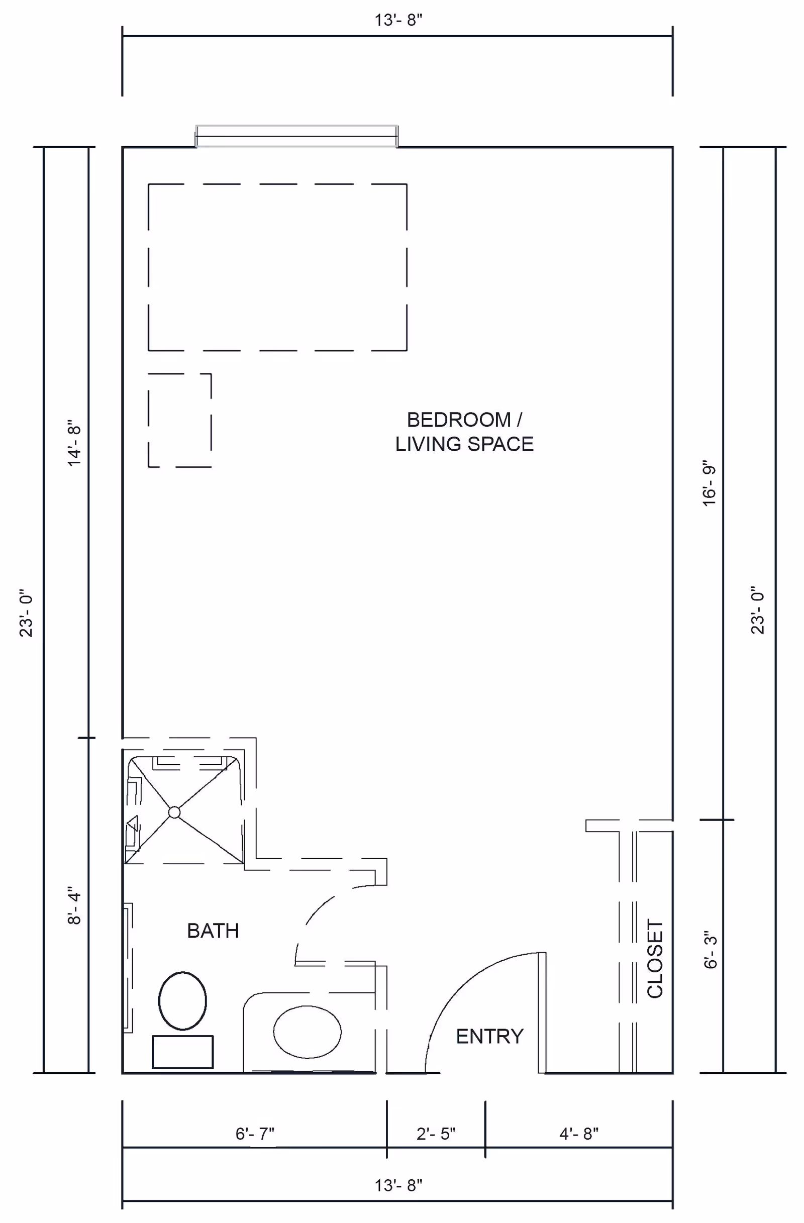 Architectural floor plan of a living space in Cascade Inn Assisted Living Community showing a combined bedroom and living space, a bathroom with shower, toilet, and sink, an entry area, and a closet. Dimensions are marked around the layout.