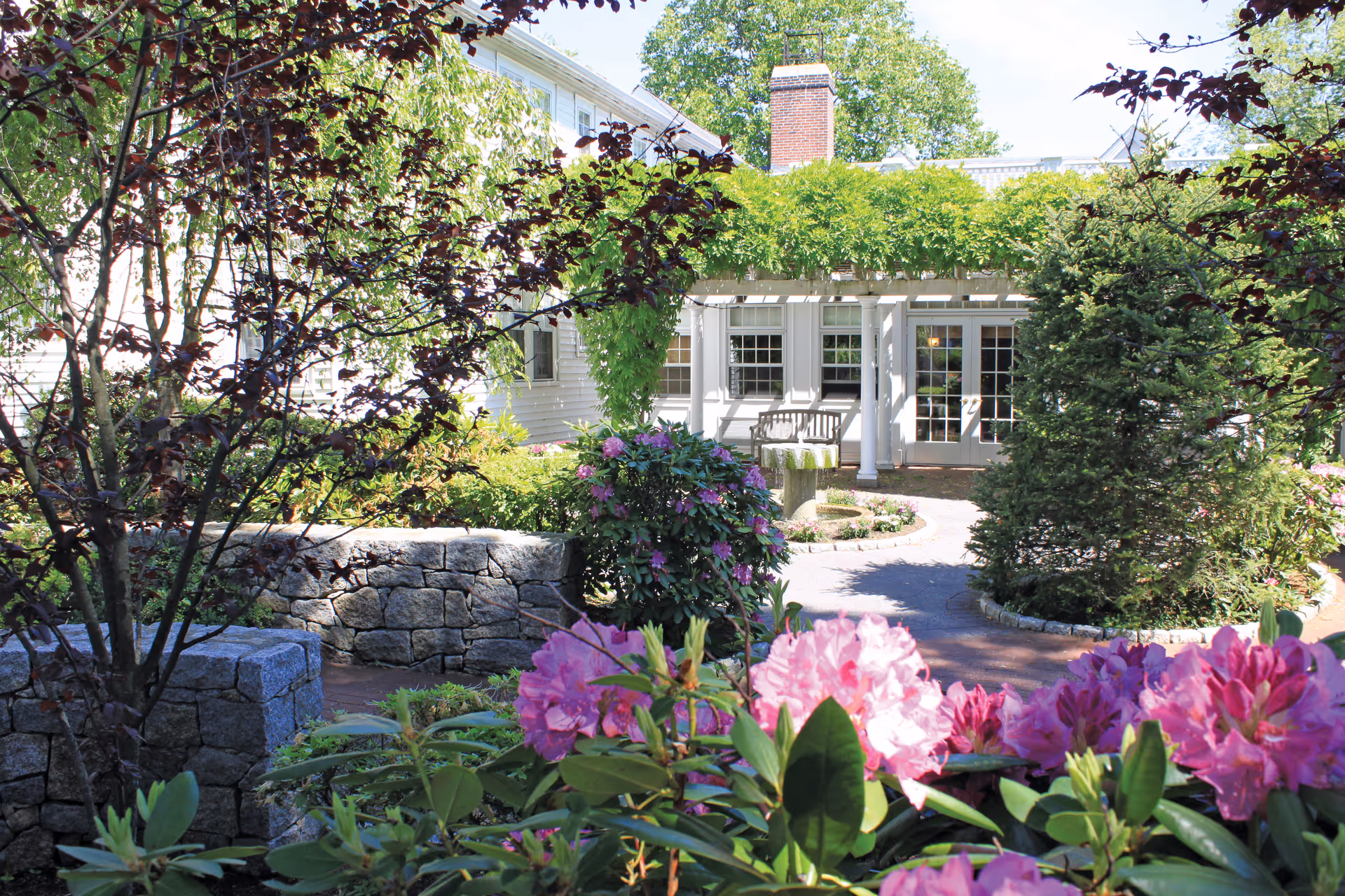 A sunny courtyard garden with flowering shrubs, stone walls, and a pergola-covered entrance to a senior living building.