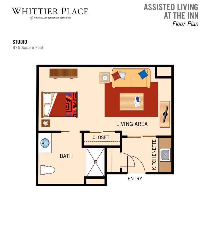 Simplified floor plan of a 376-square-foot assisted living studio showing a living area, bed, bath, closet, and kitchenette.
