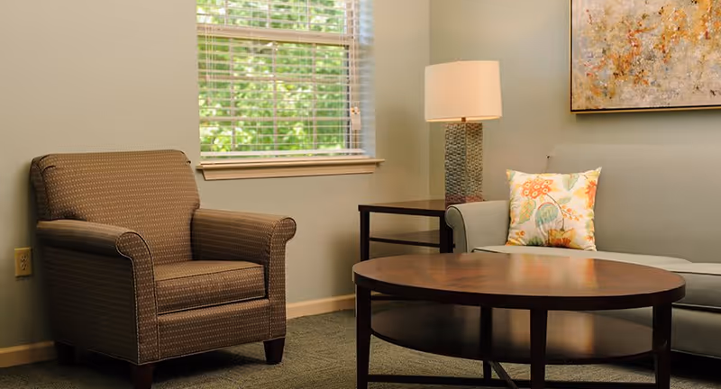 A cozy living room area with a brown upholstered armchair, a light green sofa with a floral pillow, a wooden coffee table, a side table with a textured lamp, and a window with white blinds letting in natural light. A colorful abstract painting hangs on the wall above the sofa.