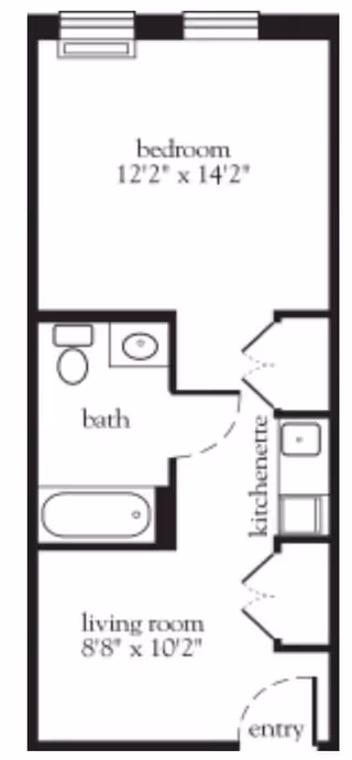 Floor plan of a living space at Atria Bay Shore showing a bedroom measuring 12 feet 2 inches by 14 feet 2 inches, a bathroom with a toilet, sink, and bathtub, a kitchenette, a living room measuring 8 feet 8 inches by 10 feet 2 inches, and an entry area.