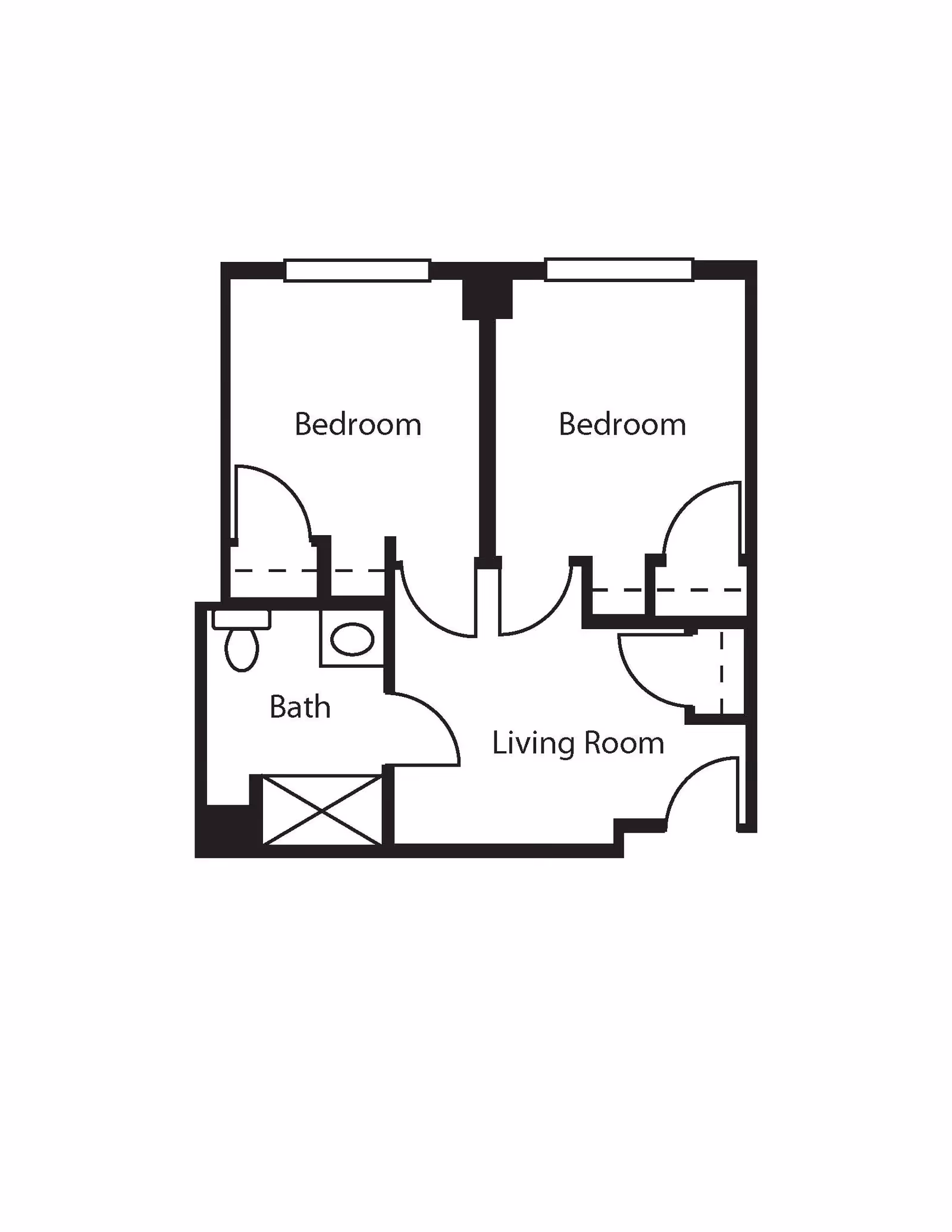 Floor plan showing two bedrooms, a living room, and a bathroom. Each bedroom has a door and closet space. The bathroom includes a toilet and sink. The living room is centrally located with doors leading to the bedrooms and bathroom.