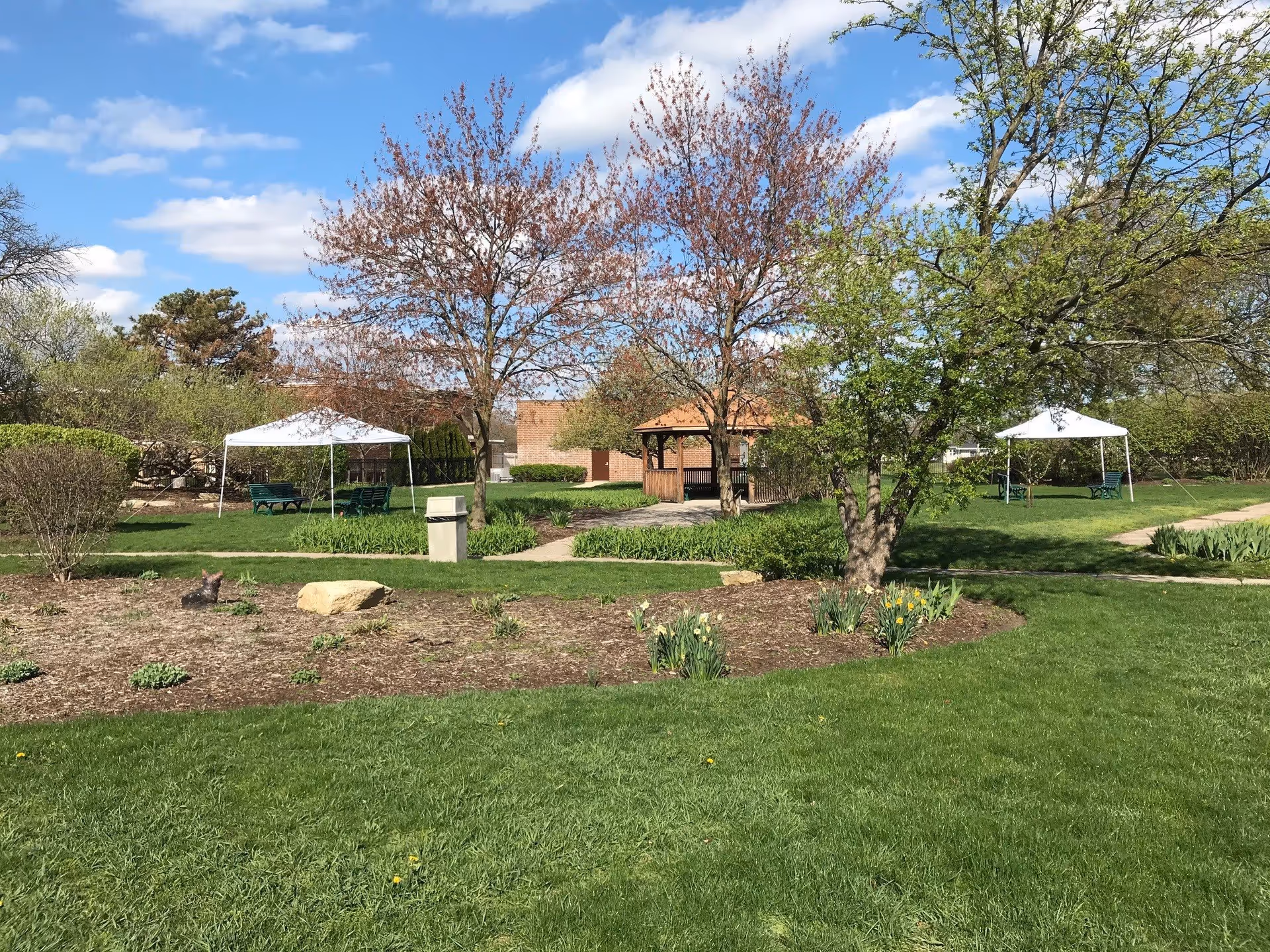 A well-maintained outdoor garden area with green grass, blooming trees, flower beds, two white canopy tents with benches underneath, a wooden gazebo, and a clear blue sky with some clouds.