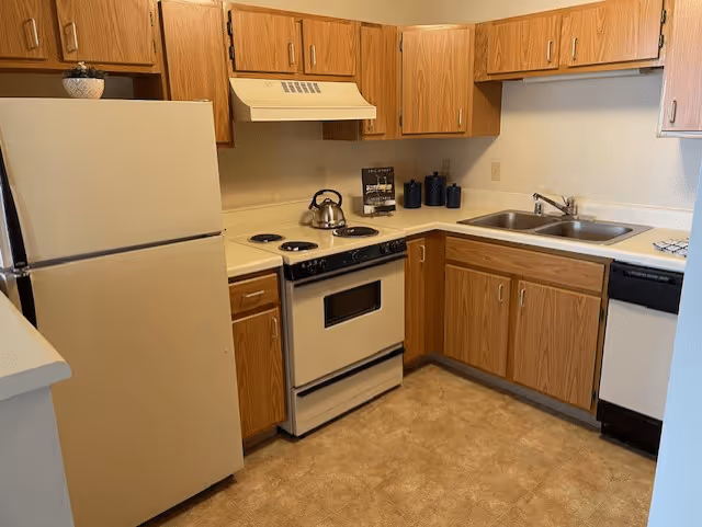 A compact kitchen with wooden cabinets, a white refrigerator, an electric stove with a kettle on it, a double sink, and a dishwasher. The countertops are light-colored, and the floor has beige tiles.