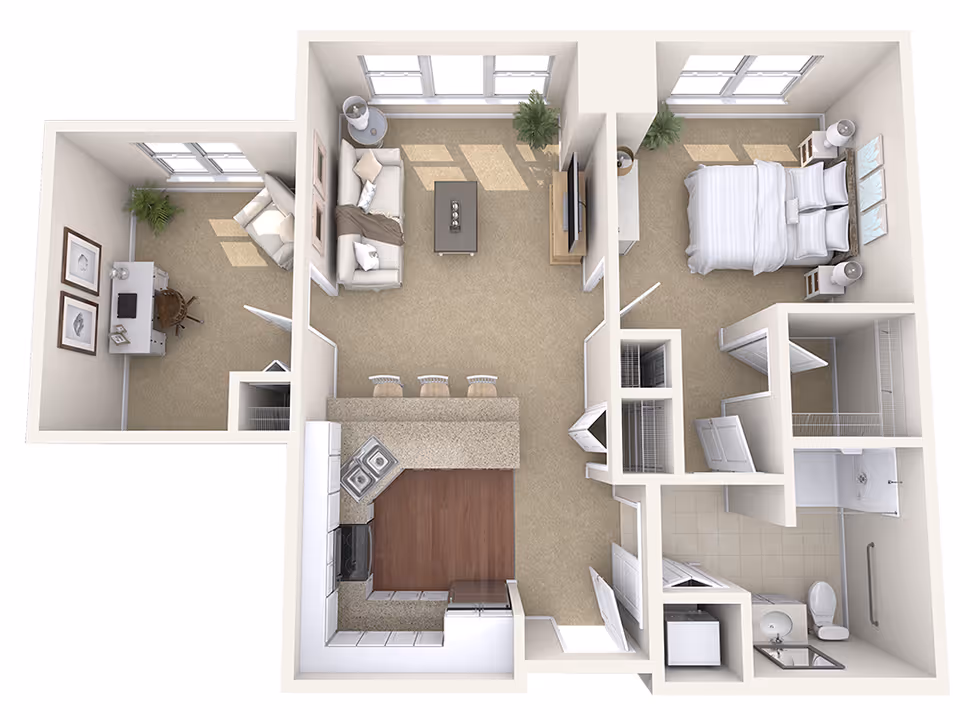 3D floor plan of a one-bedroom apartment showing a kitchen with an island, living room, bedroom, office nook and bathroom.