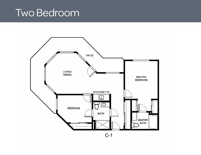Black-and-white two-bedroom floor plan labeled 'Two Bedroom' showing a living/dining area with patio, kitchenette, a bedroom, master bedroom with master bath, and a secondary bath.