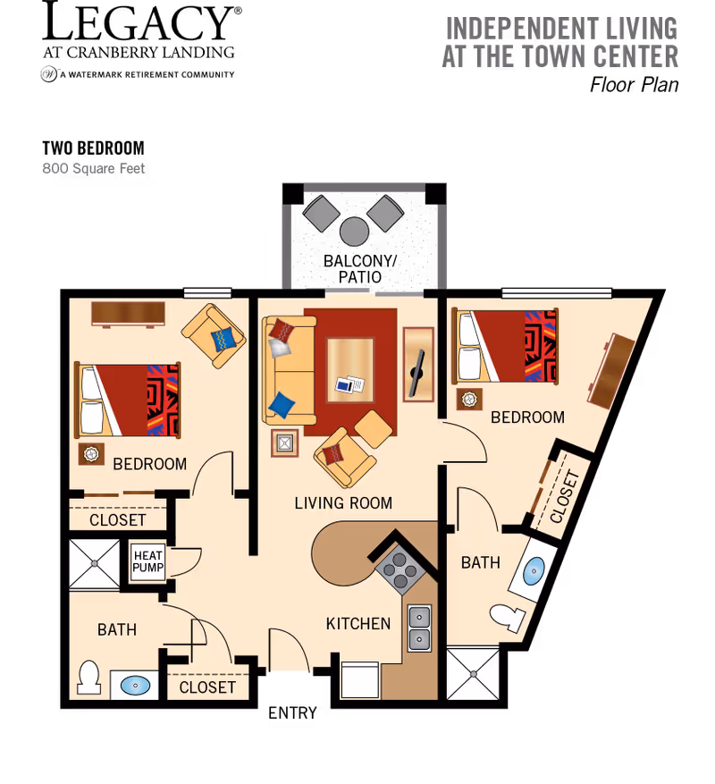 Schematic color floor plan of an 800 square foot two-bedroom apartment showing a living room, kitchen, two bedrooms, bathrooms and closets.