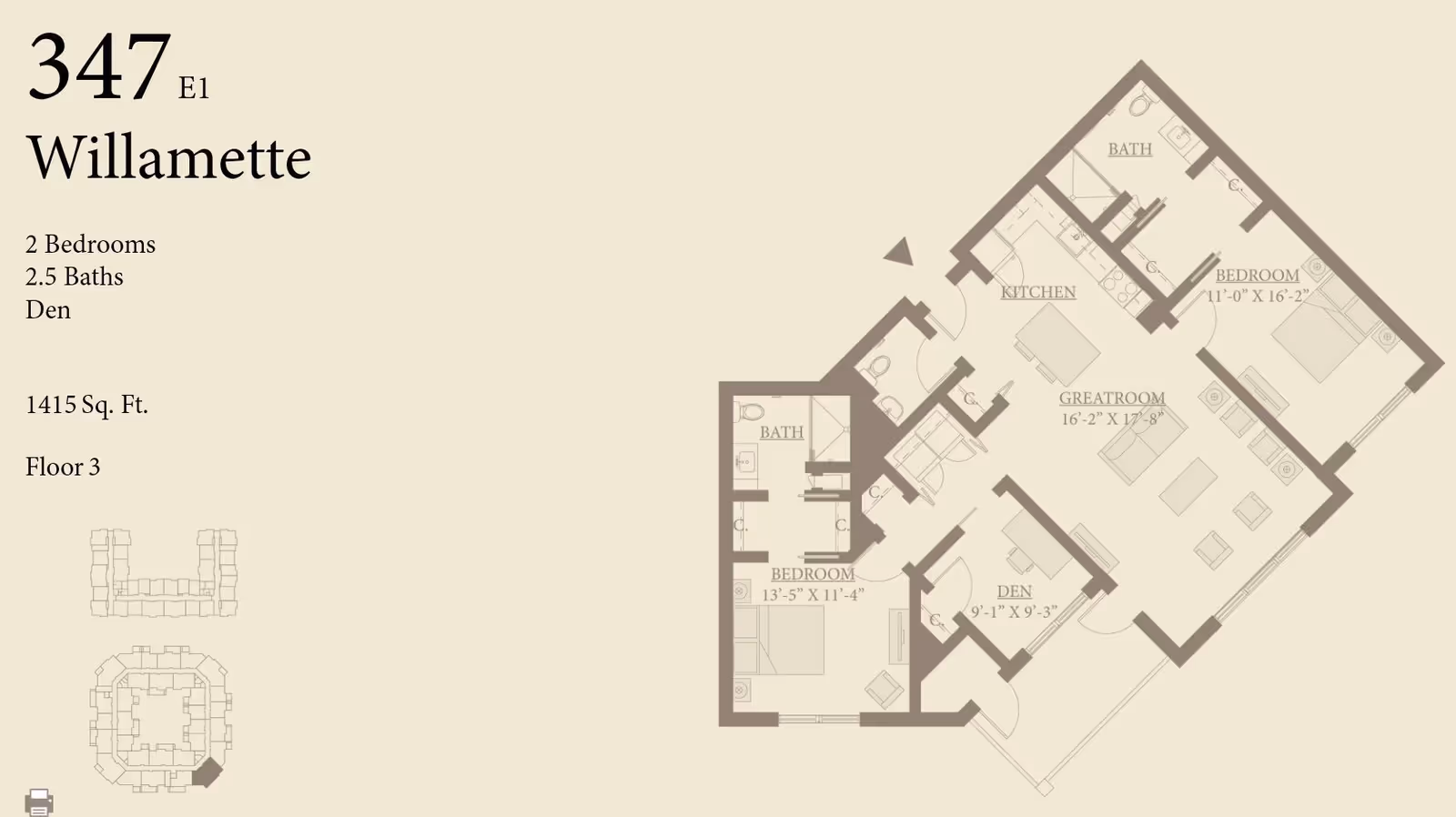 Labeled floor plan titled '347 Willamette' showing a two-bedroom, 2.5-bath apartment layout with a den and room measurements.