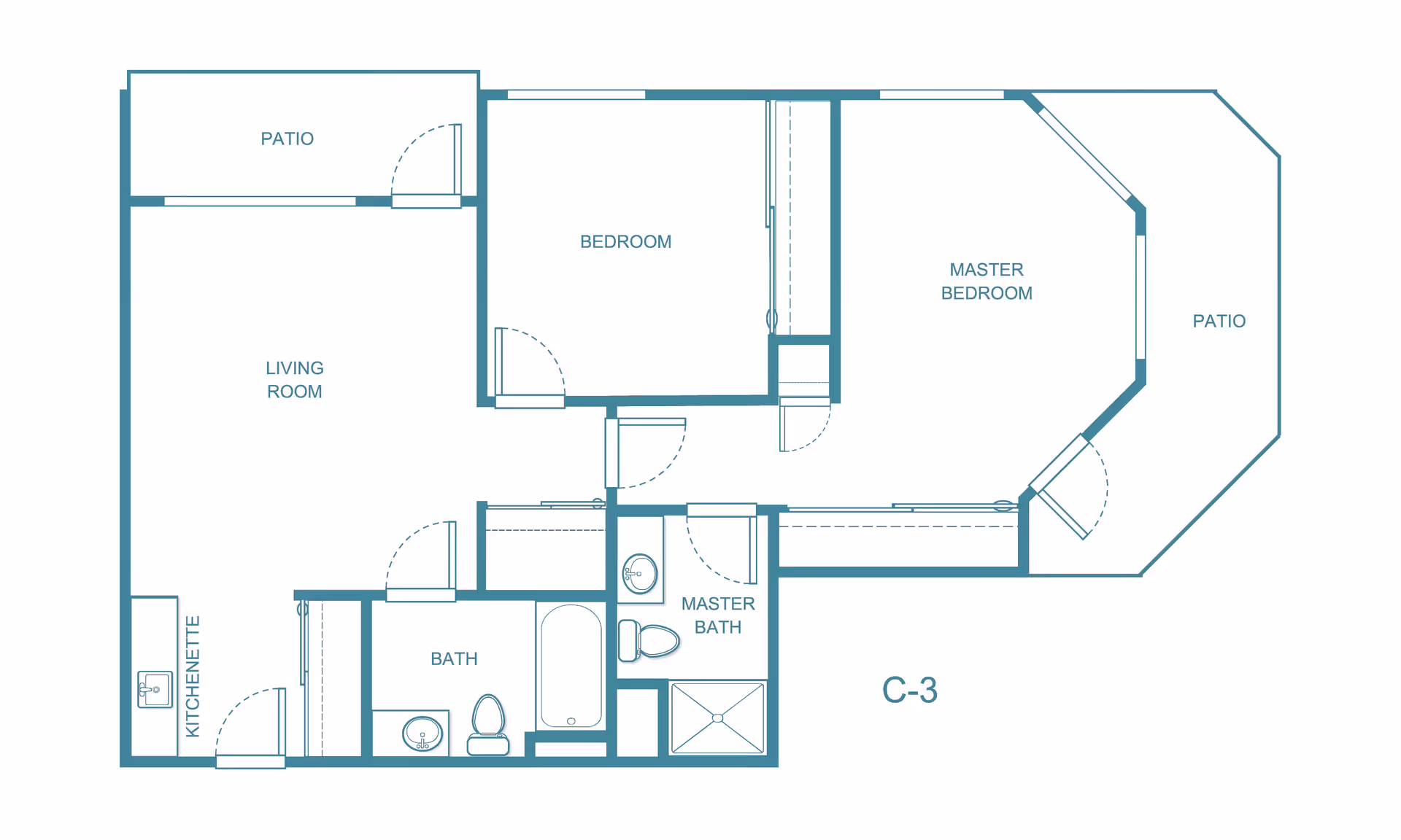 Architectural floor plan of a residential unit at Capital Place Retirement Community showing a living room with kitchenette, two bedrooms including a master bedroom with an attached master bath, a second bath, and two patios.