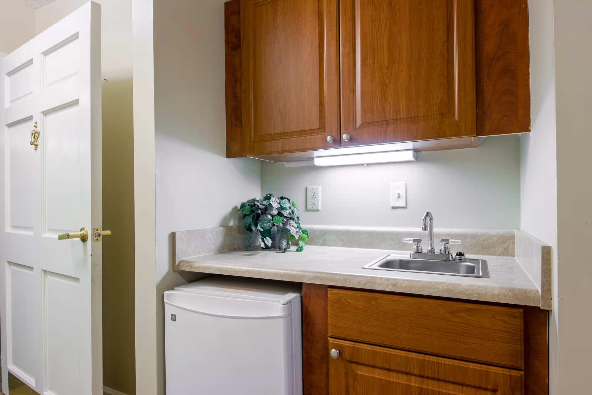 Small kitchenette with wooden cabinets, a countertop and sink above a mini fridge, and an open white door to the left.