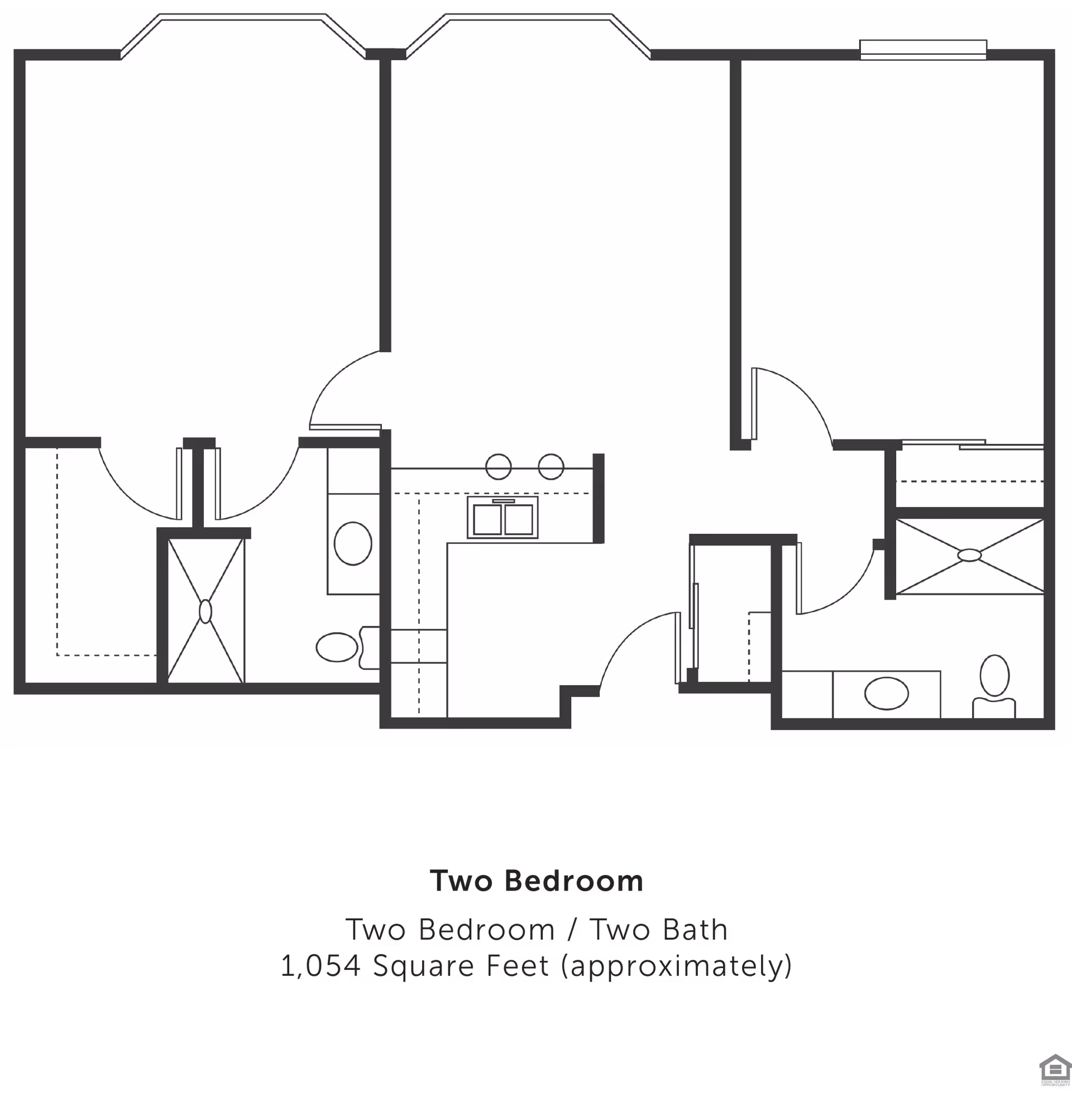 Architectural floor plan of a two-bedroom, two-bath apartment with approximately 1,054 square feet. The layout includes two bedrooms, two bathrooms, a kitchen area with a sink and counter space, and other living spaces.