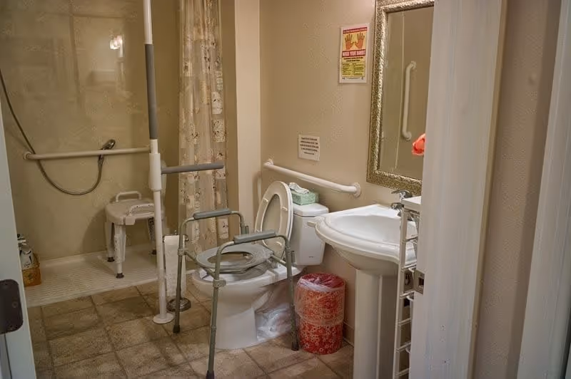 A bathroom designed for assisted living with safety features including grab bars near the toilet and shower, a shower chair, a raised toilet seat with arm supports, a sink with a mirror above it, and a red waste bin on the floor.