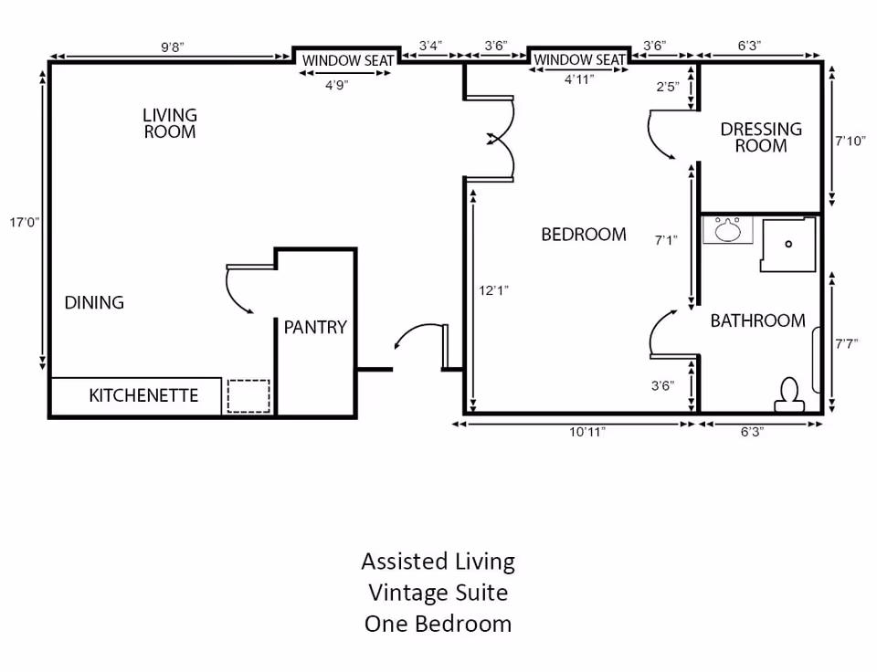Floor plan of an assisted living vintage suite with one bedroom, showing a living room, dining area, kitchenette, pantry, bedroom, dressing room, and bathroom with measurements for each area.