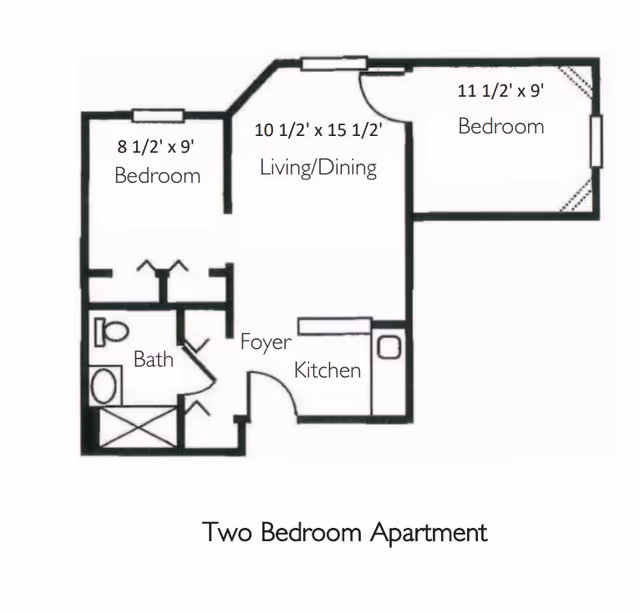 Floor plan of a two bedroom apartment showing dimensions and layout including two bedrooms, a living/dining area, kitchen, foyer, and bathroom.