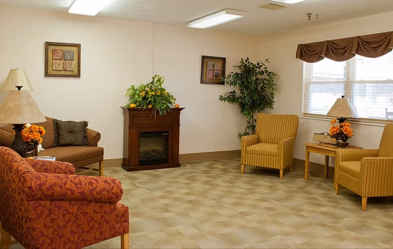 Cozy living room with patterned sofas and armchairs arranged around a small electric fireplace, side tables with lamps, and potted plants.