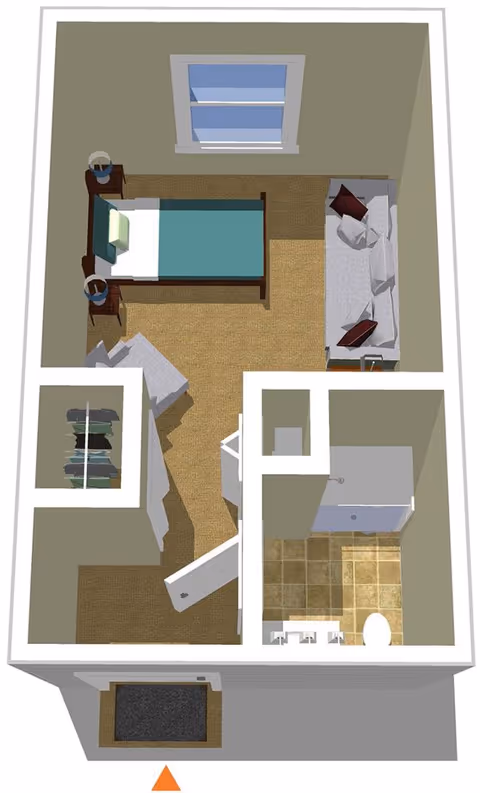 3D floor plan of a small living space featuring a bedroom area with a single bed, two nightstands with lamps, a chair, and a sofa. There is a closet with hanging clothes near the entrance. The bathroom includes a shower, toilet, and sink with tiled flooring. A window is located on the wall opposite the entrance.