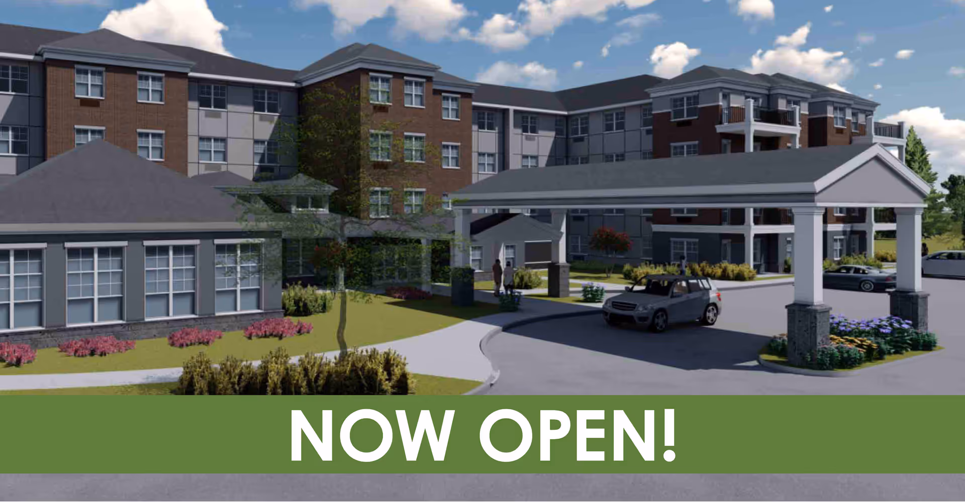 Exterior view of a multi-story senior living facility with a covered driveway entrance, landscaped grounds, and several parked cars under a partly cloudy sky.
