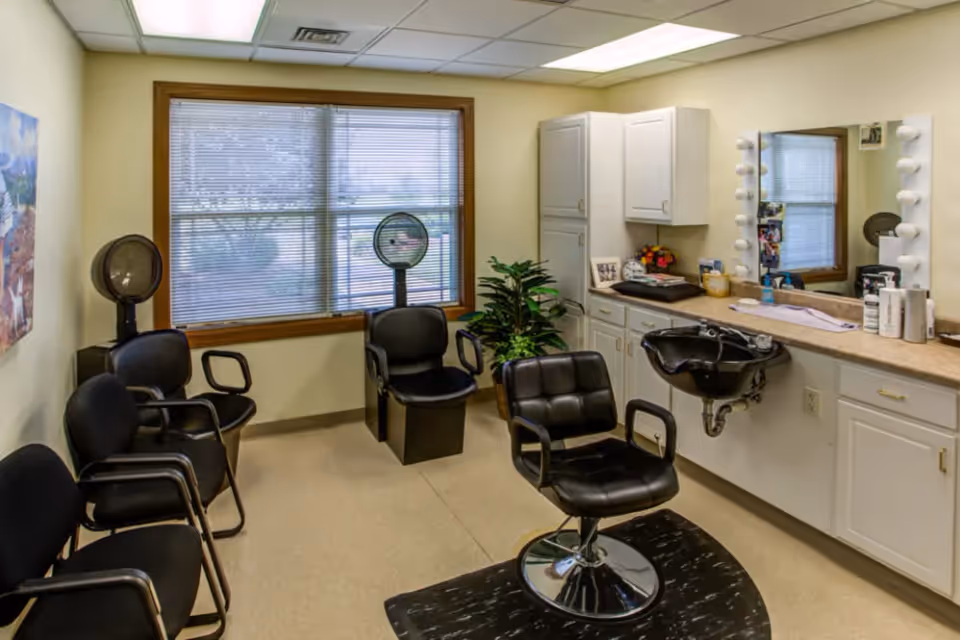 Interior of a hair salon room with black salon chairs, hair dryers, a large window with blinds, a countertop with a sink, mirror surrounded by lights, and white cabinets. There is a plant near the window and various hair care products on the counter.