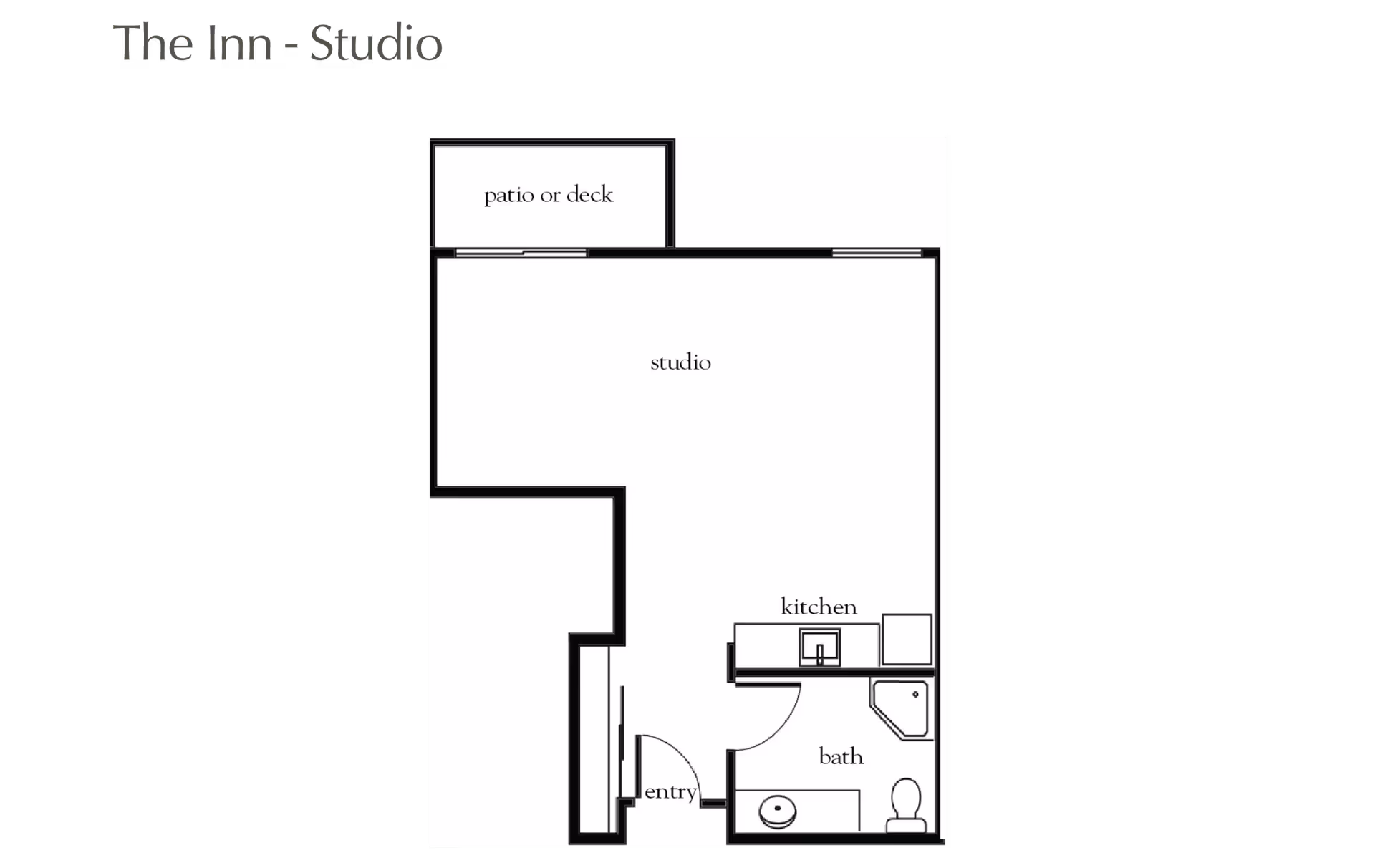 Floor plan of a studio apartment named The Inn - Studio, showing an entry area, a combined studio living space, a kitchen, a bathroom with a shower and toilet, and a patio or deck.