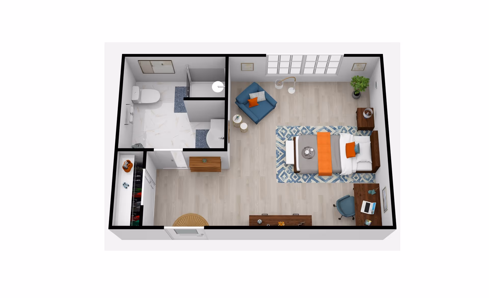 3D floor plan of a senior living facility room at The Philomena, showing a bedroom area with a bed, armchair, desk with chair, and a bathroom with toilet, shower, and sink. There is also a closet near the entrance.