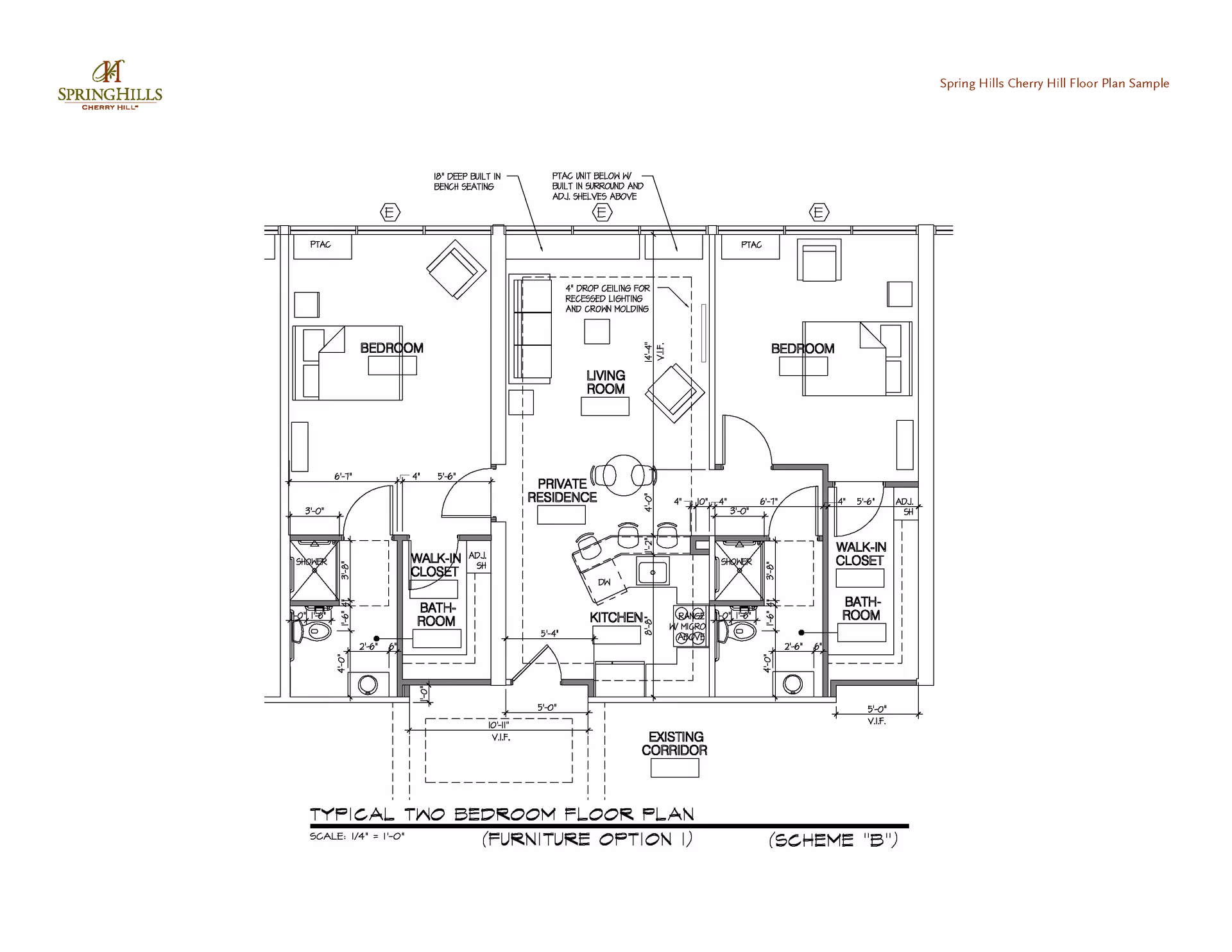 Architectural floor plan of a typical two-bedroom residence at Spring Hills Cherry Hill, showing layout with two bedrooms, two bathrooms, walk-in closets, a living room, and a kitchen area with furniture placement options.