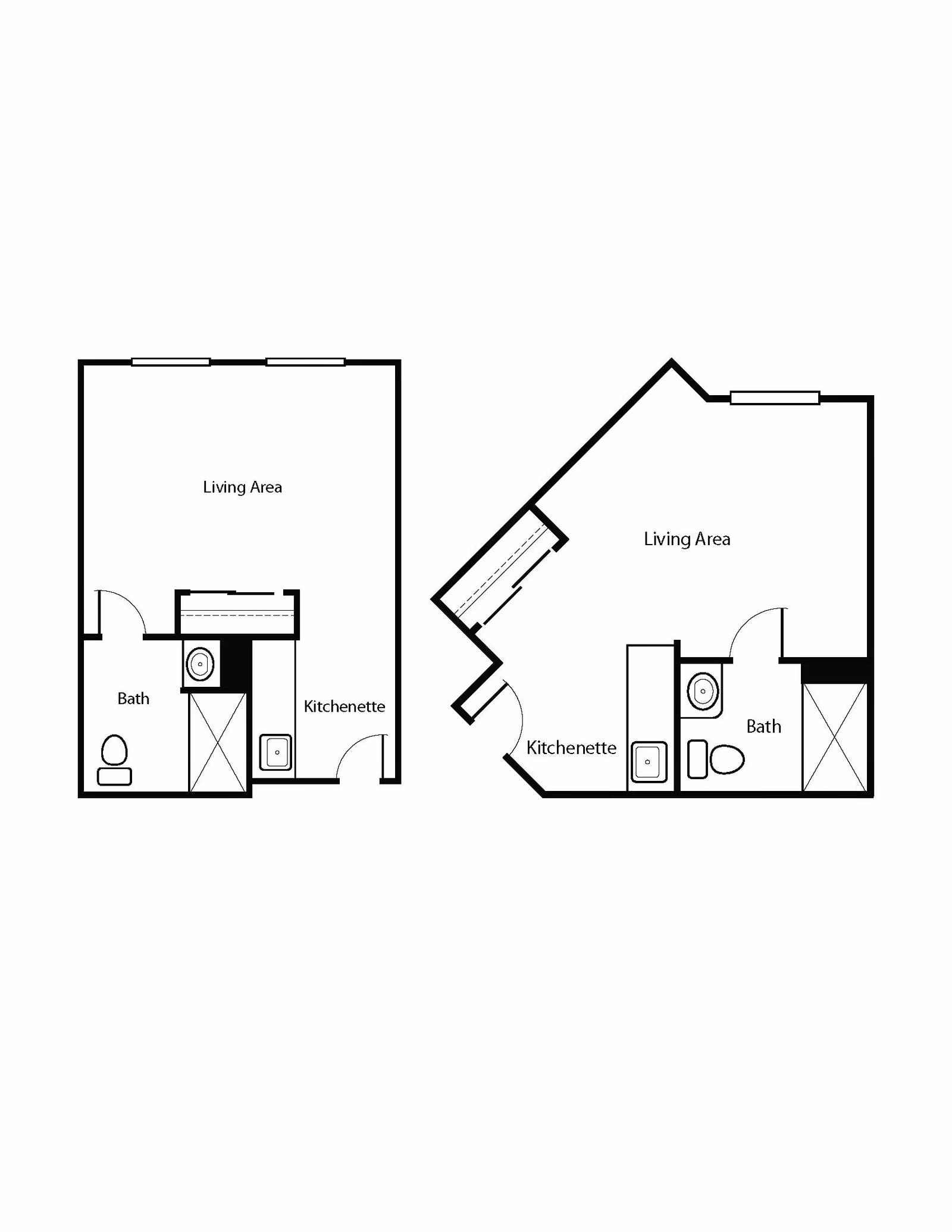 Architectural floor plans showing two different studio apartment layouts, each with a living area, kitchenette, and bathroom.