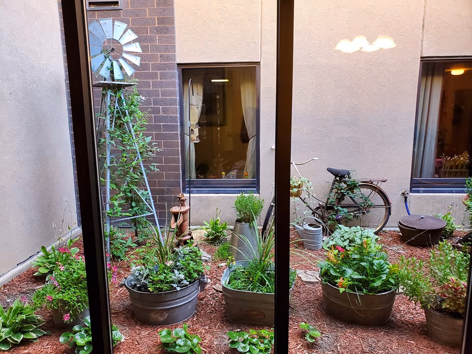 View through a window into a small enclosed garden area with various potted plants, a decorative metal windmill, a vintage bicycle, and garden ornaments against beige and brick walls with two windows.