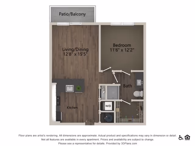 Floor plan of a one-bedroom apartment at Overture River District showing a living/dining area, kitchen, bedroom, bathroom, washer/dryer closet, and a patio/balcony.