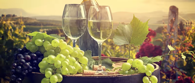 A close-up view of a wooden barrel with green and purple grapes, two wine glasses filled with white wine, a wine bottle, and corks, set against a vineyard background during sunset.