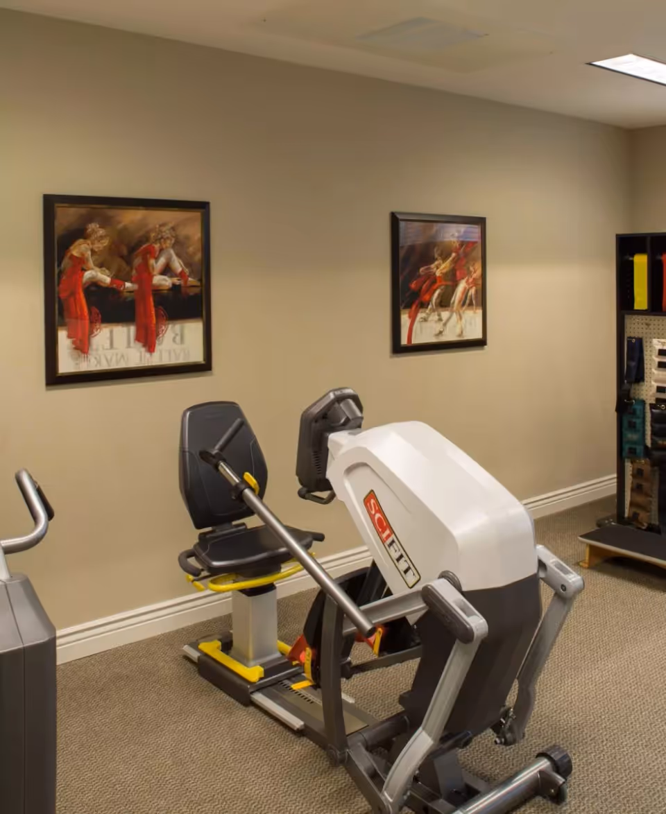 Indoor exercise room with a SciFit exercise machine and another piece of gym equipment partially visible. The room has beige walls with two framed paintings of dancers in red dresses. There is a shelving unit with various items on the right side.