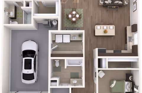 3D floor plan of a residential unit showing a garage with a car, a bathroom with a bathtub, a laundry area with washer and dryer, a dining area with a round table and four chairs, a living room with a sofa and TV, a kitchen with an island and stools, and a bedroom with a bed and nightstand.
